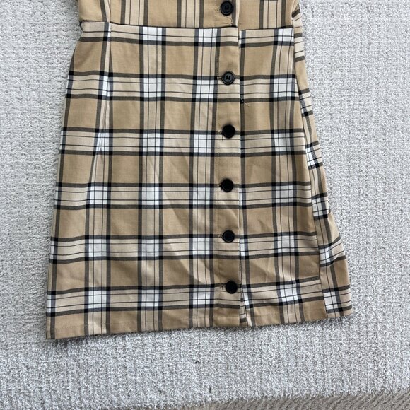 H&M Divided Mini Dress Light Brown / Tan Button Down Plaid Check Women Sz 2 - Picture 3 of 9